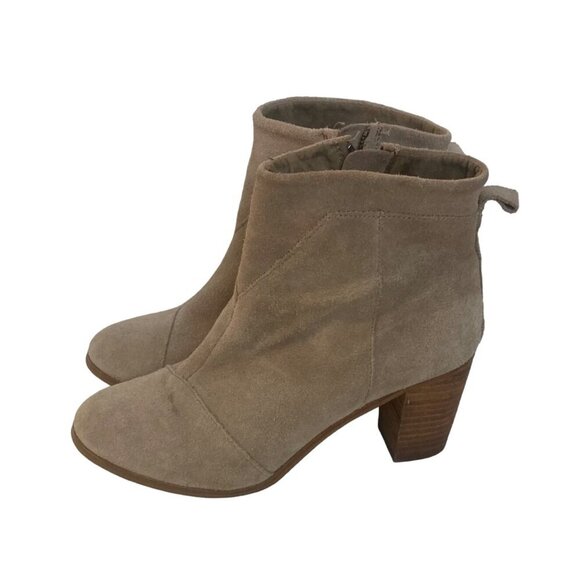 Toms Lunata Beige Suede Ankle Boots Womens 7.5 Stacked 3" Heel Side Zip - Picture 1 of 11